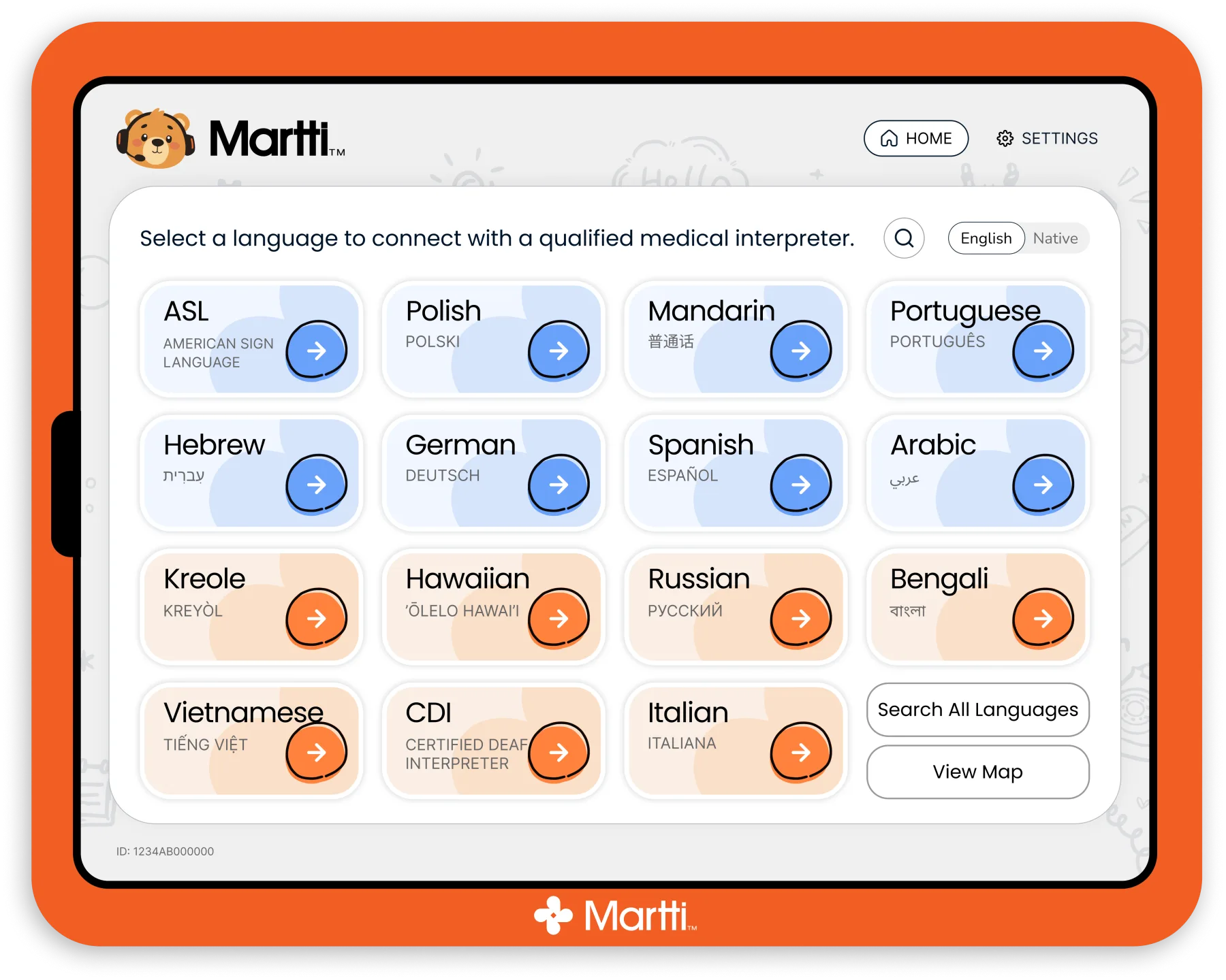 The Martti for Kids home screen: a friendly grid of language cards — ASL, Polish, Mandarin, Spanish, Arabic and more — each opening a call with a qualified medical interpreter.