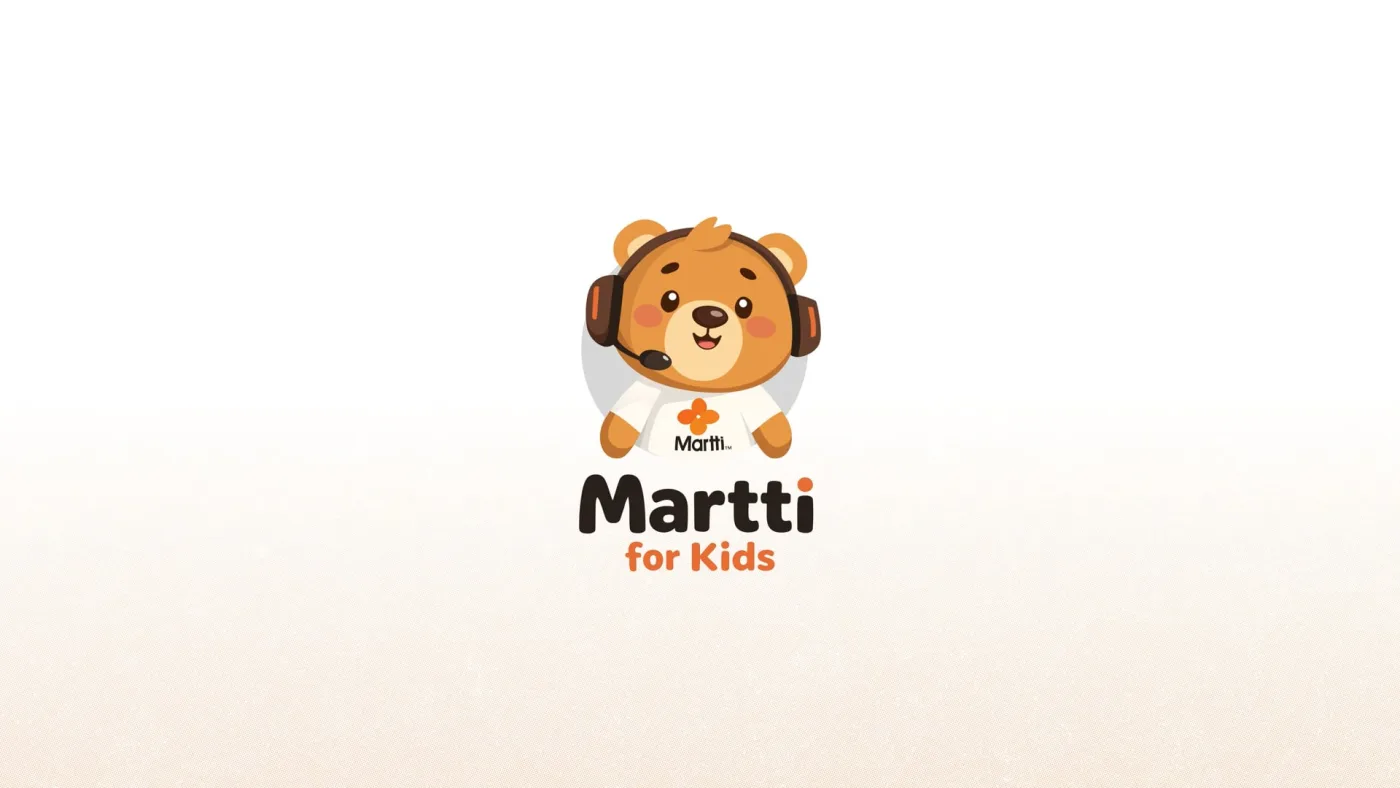 Title card of the Martti for Kids solution walkthrough video: Martti Bear wearing a headset above the Martti for Kids logo.
